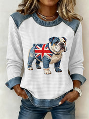 Women's British Style Bulldog Flowers Print Waffle Sweatshirt