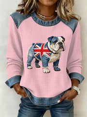 Women's British Style Bulldog Flowers Print Waffle Sweatshirt