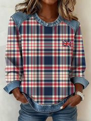 Women's British Style Inspired Plaid Pattern Patchwork Art Sweatshirt