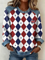 Women's British Style Inspired Plaid Pattern Patchwork Art Sweatshirt