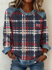 Women's British Style Inspired Plaid Pattern Patchwork Art Sweatshirt