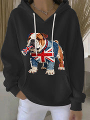 Women's British Style Bulldog Print Casual Hoodie