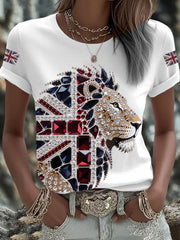 Women's British imitation diamond hot-drilling Printed Iron On Short Sleeve T-Shirt
