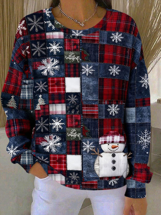 Women's Plaid Patchwork Christmas Snowman Sweatshirt