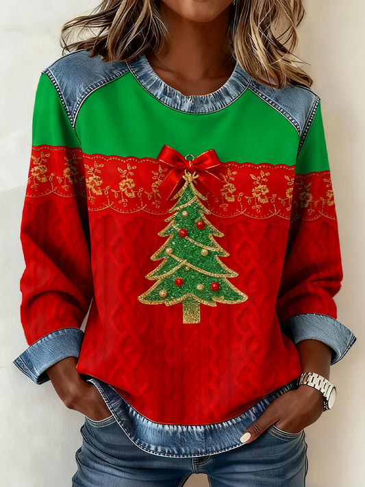 Women's Christmas Denim Collar Sweatshirt