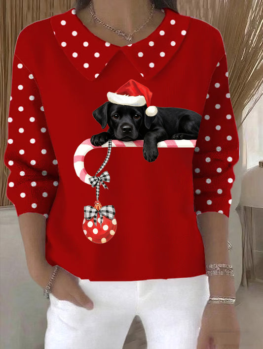 Women's Christmas Cute Dog Print Casual Doll Collar Sweater