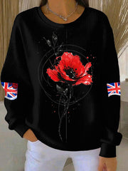 Women's British Popph Print Ribbed Round-Neck Sweatshirt