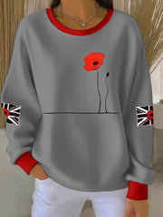 Women's British Popph Print Ribbed Round-Neck Sweatshirt