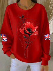 Women's British Popph Print Ribbed Round-Neck Sweatshirt