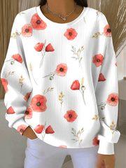 Women's poppy flower Print Ribbed Round-Neck Sweatshirt