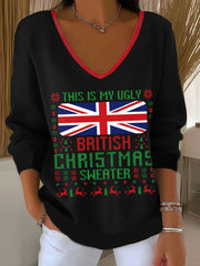 Women's This Is My Ugly British Christmas Sweater V-Neck Ribbed Top