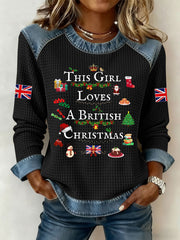 Women's This Girl Loves A British Christmas Print Denim Patchwork Top