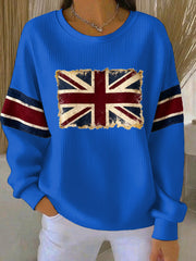 Women's British vintage flag print Ribbed Round-Neck Sweatshirt