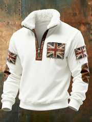 Men's British vintage flag print Plush Stand Collar Shirt