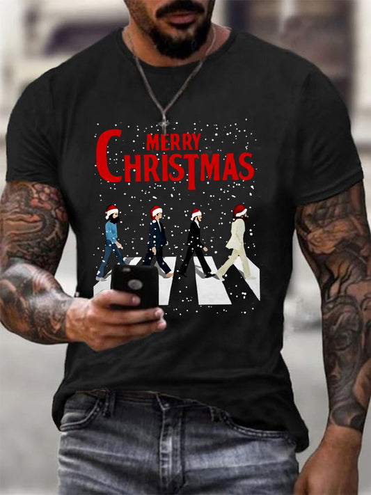 Men's Merry Christmas Retro Classic Legendary Rock Band Print Casual Tee