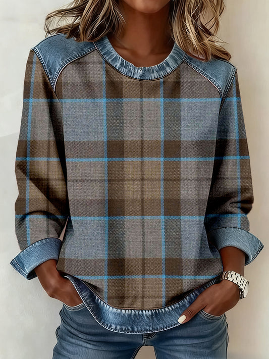 Women's Scottish Plaid Print Denim Patchwork Sweatshirt