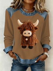 Women‘s Highland Cow Print Denim Patchwork Top