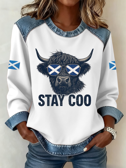 Women's Scotland Highland Cow Print Denim Patchwork Top