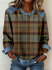 Women's Scottish Plaid Print Denim Patchwork Sweatshirt