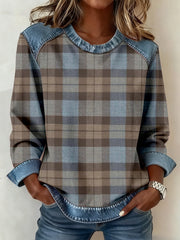 Women's Scottish Plaid Print Denim Patchwork Sweatshirt