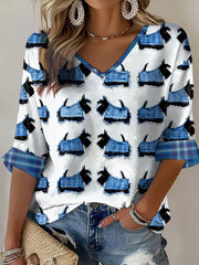 Women's Scotland Scottie Dog Football Tartan Lover Printed Waffle Tops