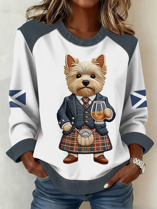 Women's Scottish Flag West Highland White Terrier Print Patchwork Top
