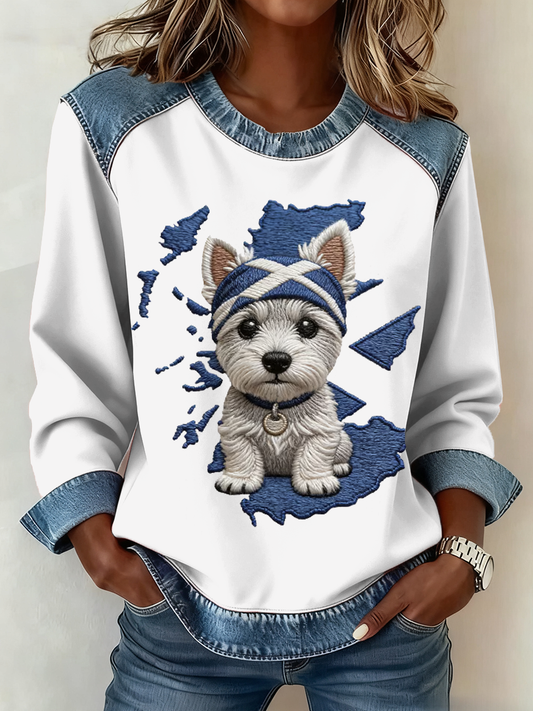 Women's Scottish West Highland White Terrier Print Denim Patchwork Top