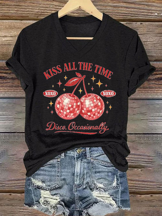 Women's Kiss All The Time Disco Occasionally Printed Iron On Short Sleeve T-Shirt