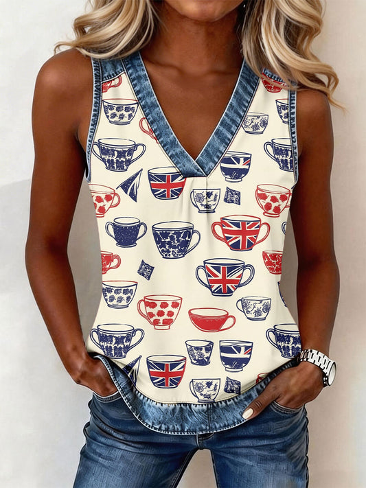 Women's UK Flag Teacup Print V-Neck Tops