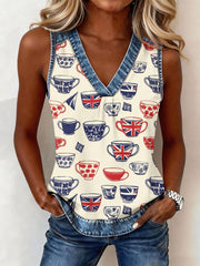 Women's UK Flag Teacup Print V-Neck Tops