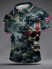 Men's British Veteran Silhouette Skull Camouflage Print Casual Polo