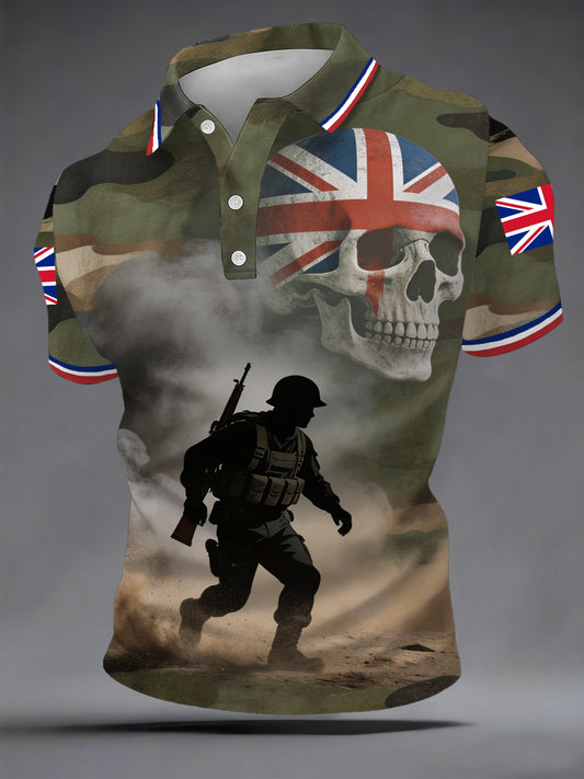 Men's British Veteran Silhouette Skull Camouflage Print Casual Polo