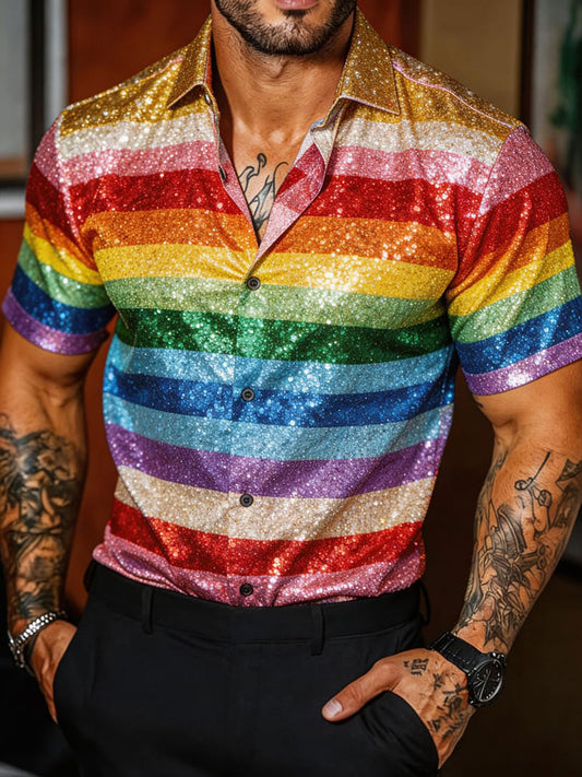 Men's Rainbow Stripe Art Print Casual Shirt