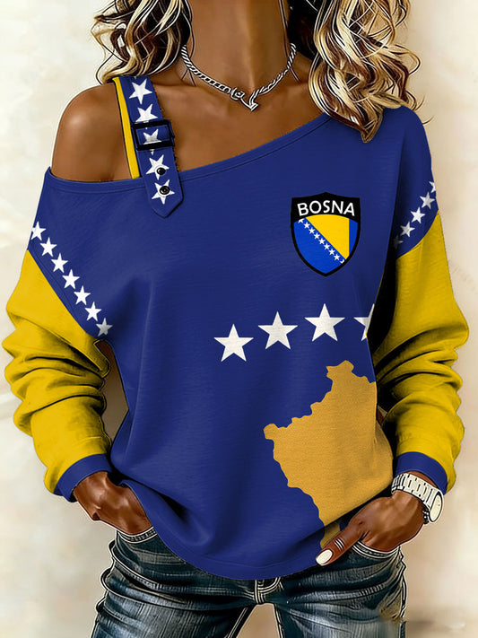 Women's Bosnia Football Lover ZMAJEVI Printed Print Casual Off-Shoulder Sweatshirt