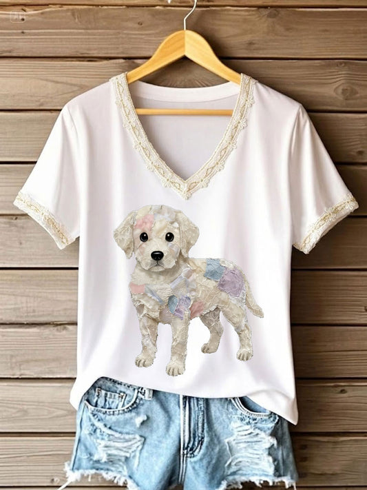 Women's Art Dog Lace Patchwork Printed V-neck T-shirt
