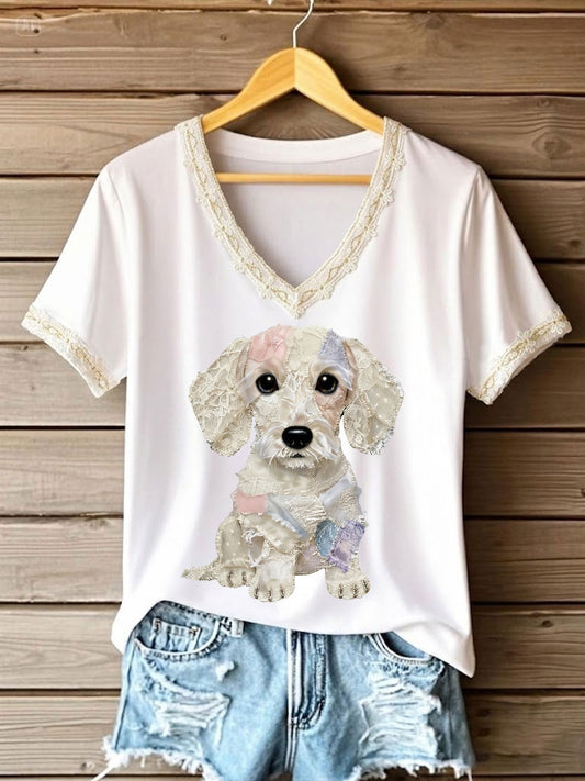 Women's Art Dog Lace Patchwork Printed V-neck T-shirt