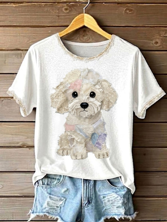 Women's Art Dog Lace Patchwork Printed T-shirt