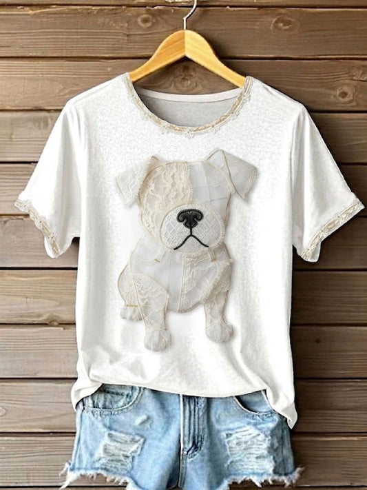 Women's Art Dog Lace Patchwork Printed T-shirt