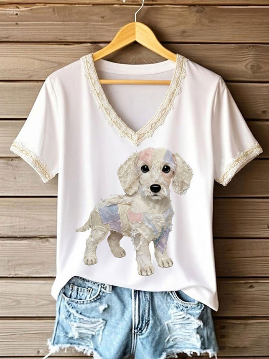 Women's Art Dog Lace Patchwork Printed V-neck T-shirt