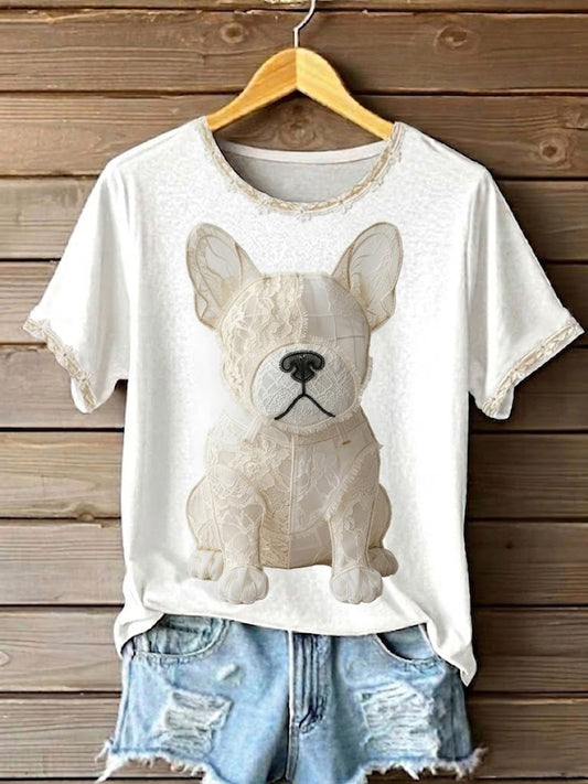 Women's Art Dog Lace Patchwork Printed T-shirt