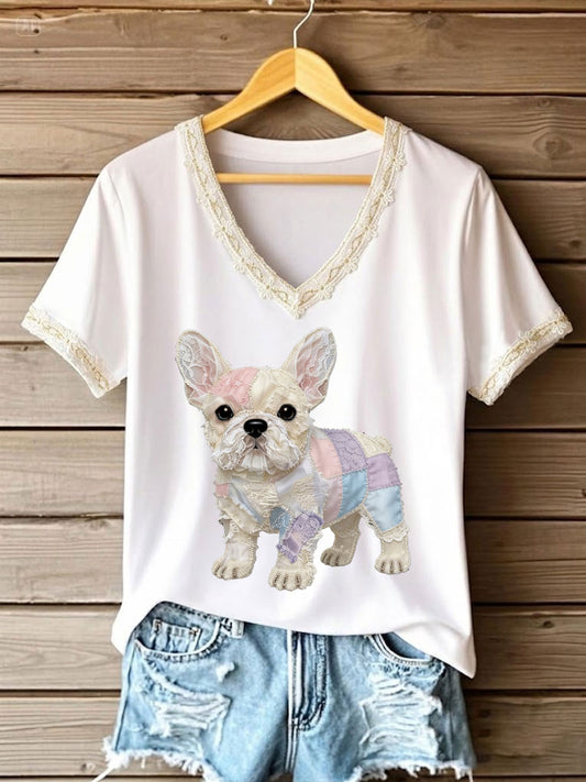 Women's Art Dog Lace Patchwork Printed V-neck T-shirt