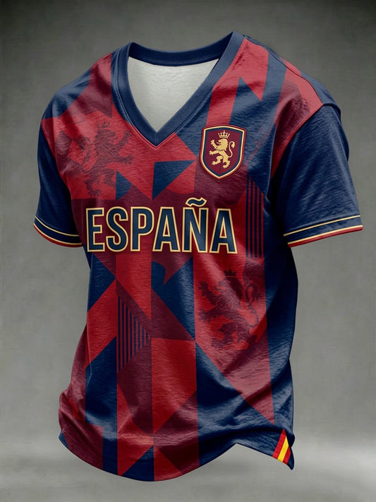 Men's Spain Football Lover Print V-neck T-shirt
