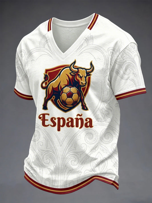 Men's Spain Football Lover Print V-neck T-shirt