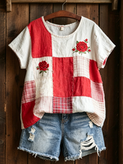 Women's Rose Print linen short-sleeved T-shirt 01