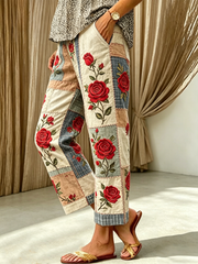 Women's Floral Print cotton linen nine-minute trousers