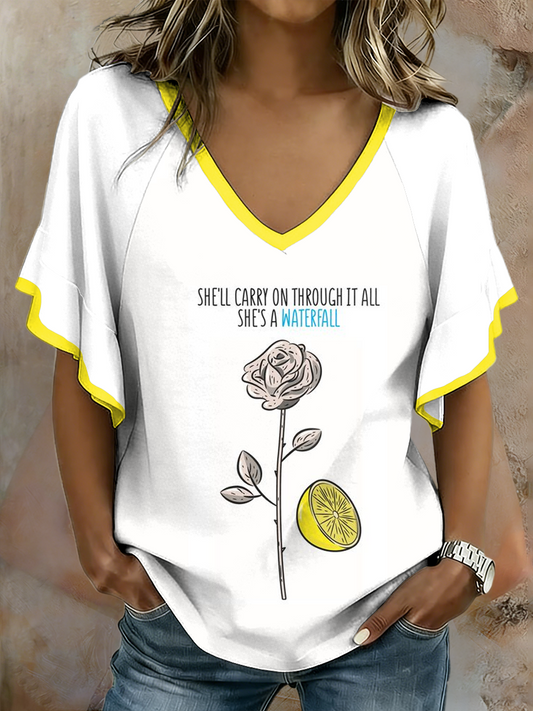 Women's Lemon Roses Music Lover Printed Hang Shot Short Sleeve T-Shirt