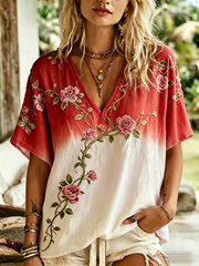 Women's Floral Print linen short-sleeved T-shirt