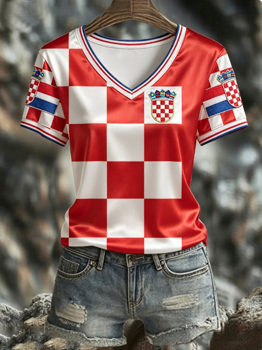 Women's CROATIA 2026 Football V-Neck Short-Sleeve Silk T-Shirt
