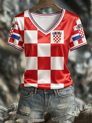 Women's CROATIA 2026 Football V-Neck Short-Sleeve Silk T-Shirt