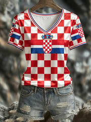 Women's CROATIA 2026 Football V-Neck Short-Sleeve Silk T-Shirt